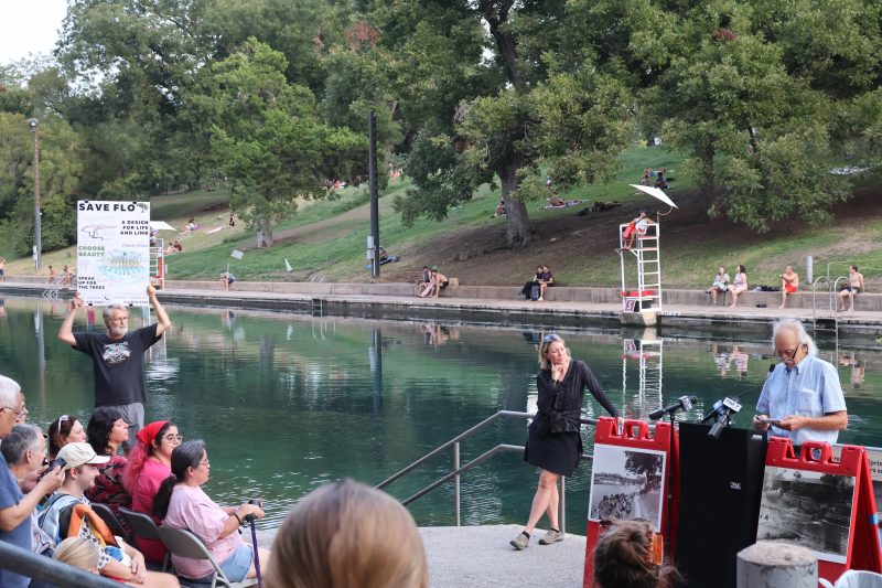 Austin arborist Don Gardner shares the history of Flo, a pecan tree being removed from Barton Springs Pool, during a celebration of life. Parks director Kimberly McNeeley, center, said the tree was no longer safe because of disease. Save Our Springs executive director Bill Bunch, left, urged the city to leave the tree. Isabella McGovern/Reporting Texas