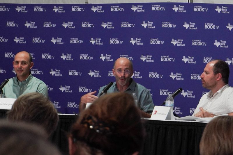 Daniel Zoughbie, from left, Robert Malley and Maurice Chammah speak about the Isreal-Palestine conflict at the Texas Bookfest in Austin, Texas on Nov. 8, 2025. Zoughbie and Malley have over 30 years of experience working and researching United States Middle Eastern policy.