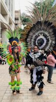 Grupo Azteca Guadalupano, a troop of Aztec dancers, wore traditional clothing to celebrate Día De Los Muertos at the 40th Viva La Vida event at Mexic-Arte Museum in Austin, Texas, on Oct. 28, 2023. (Miranda Cazares/Reporting Texas TV)