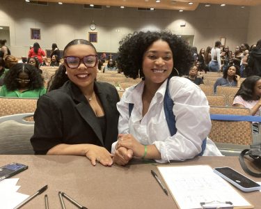Judges Marissa Elder (left) and Justine Lashley served as judges for the Miss Black UT Pageant on Thursday, March 28, 2024. (Mahlah Freeman/Reporting Texas TV)